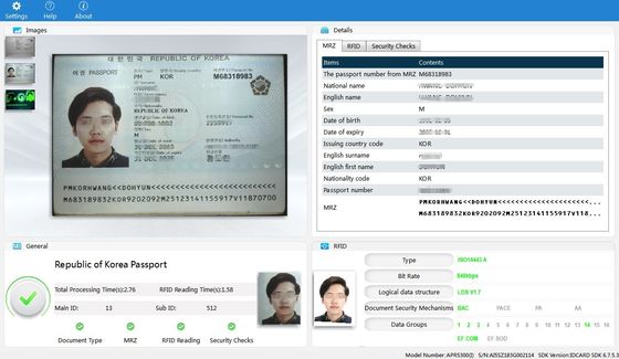 OCR 키오스크에서 스마트 스캔을 위한 24비트 컬러 깊이 자동 여권 신분 카드 리더